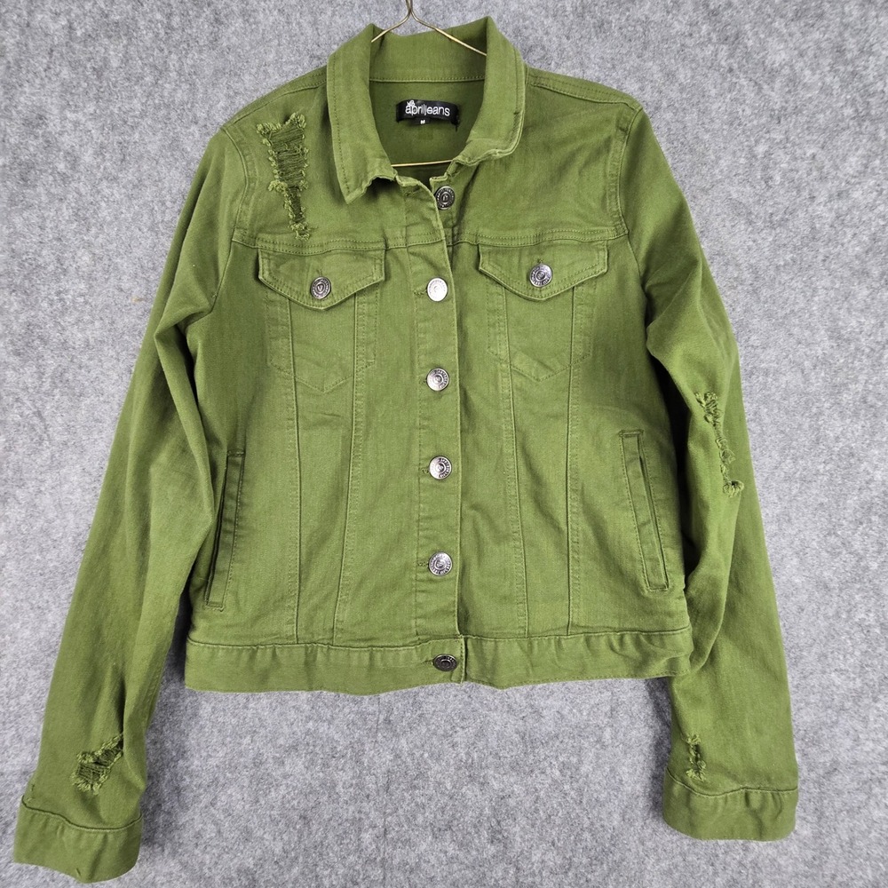 April Jeans Denim Jacket Women M Green Distressed Stretch Button Front